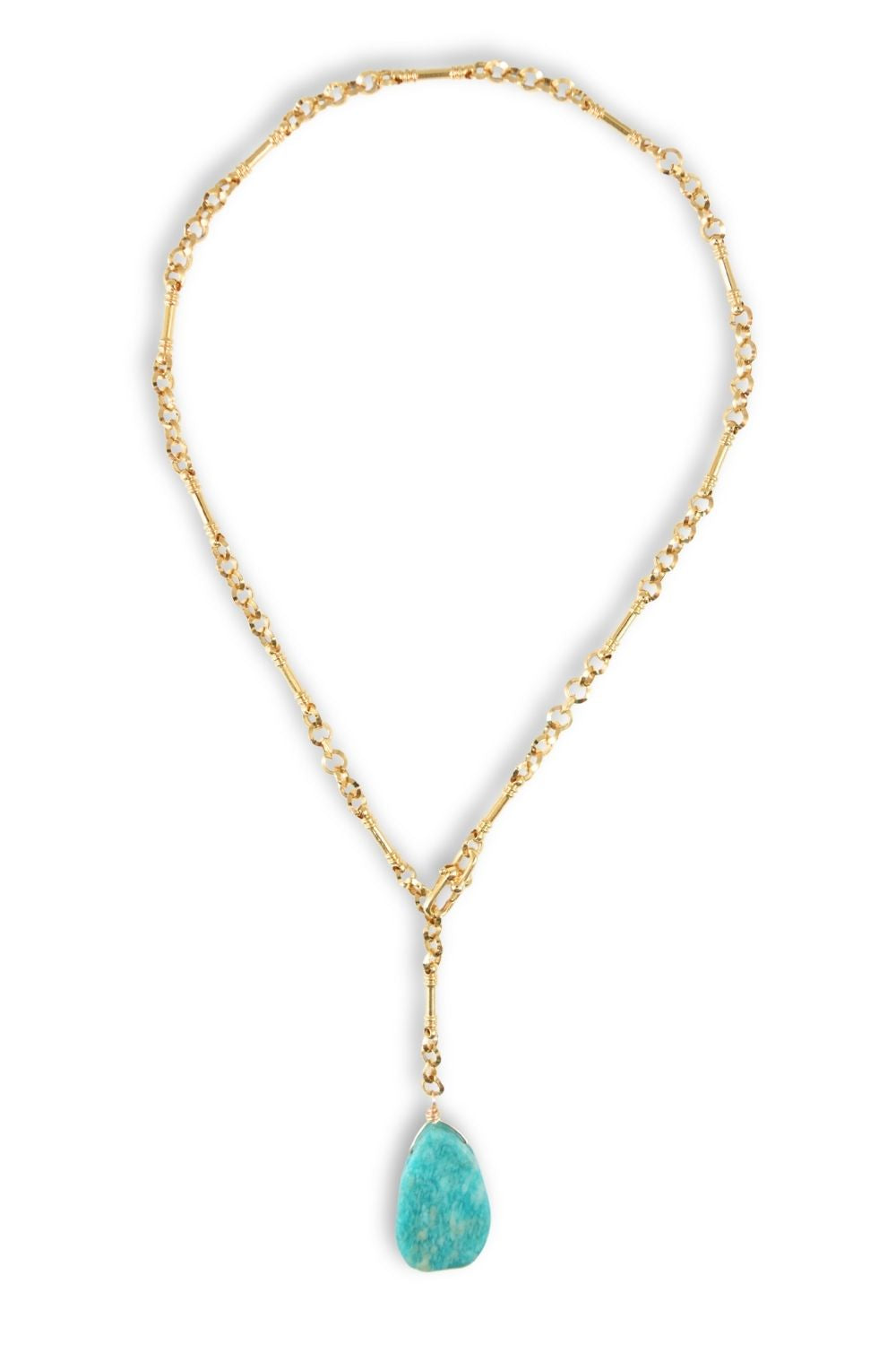 A gold chain necklace featuring a Y-shaped design with a textured turquoise stone pendant, displayed against a clean white background.