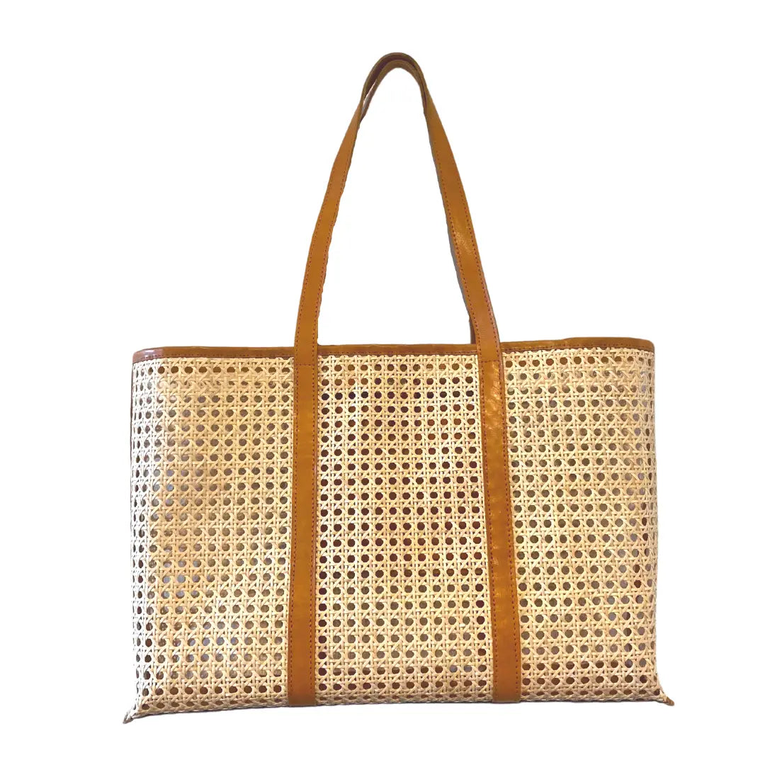Amelia Cane + Leather Large Tote in Tan