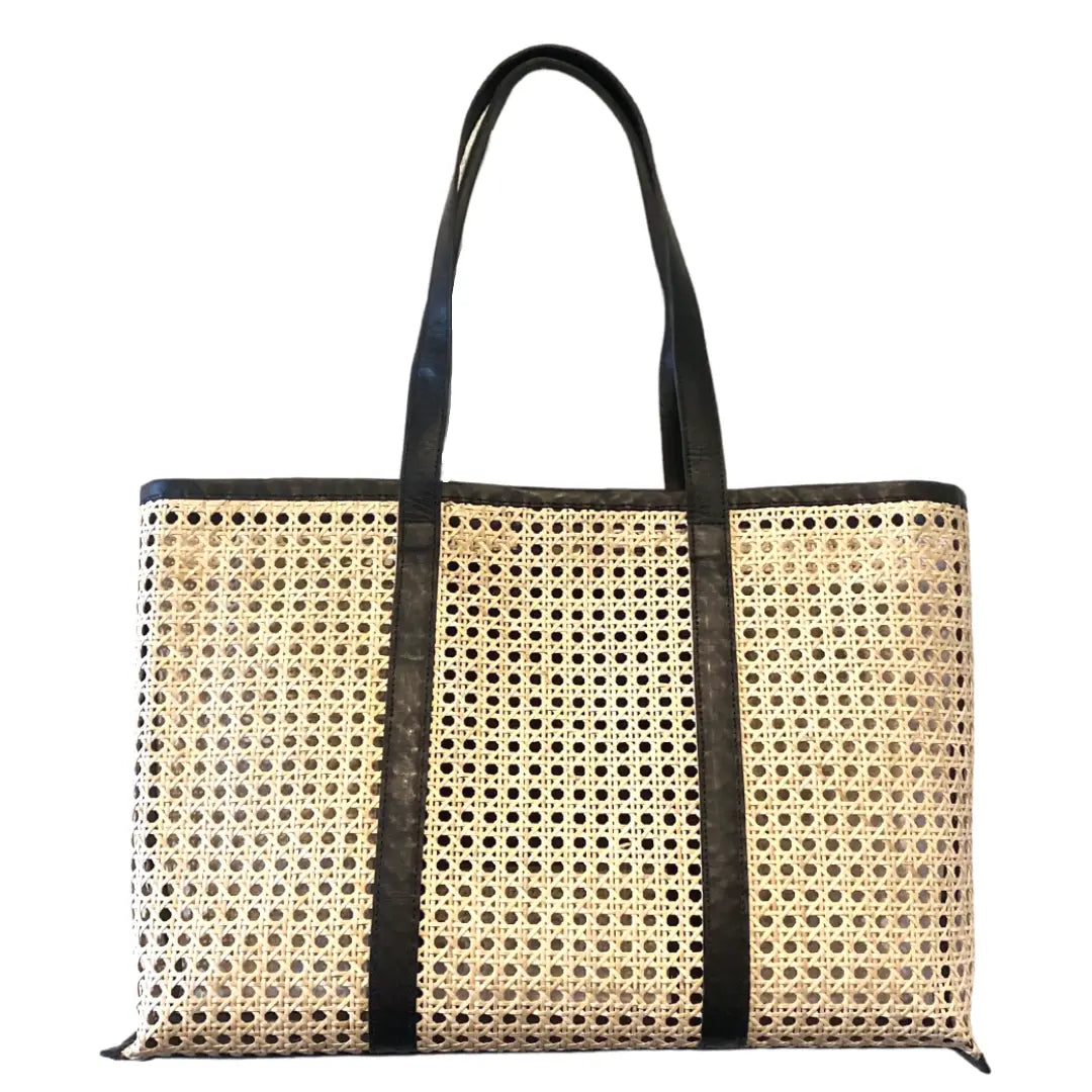 Amelia Cane + Leather Large Tote in Black