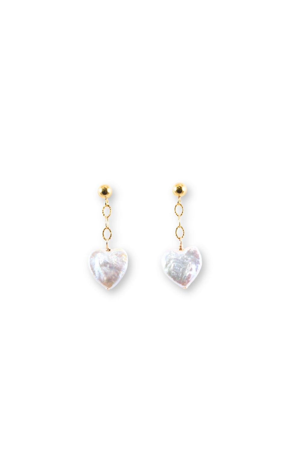 Heart-shaped earrings with gold chains on a white background