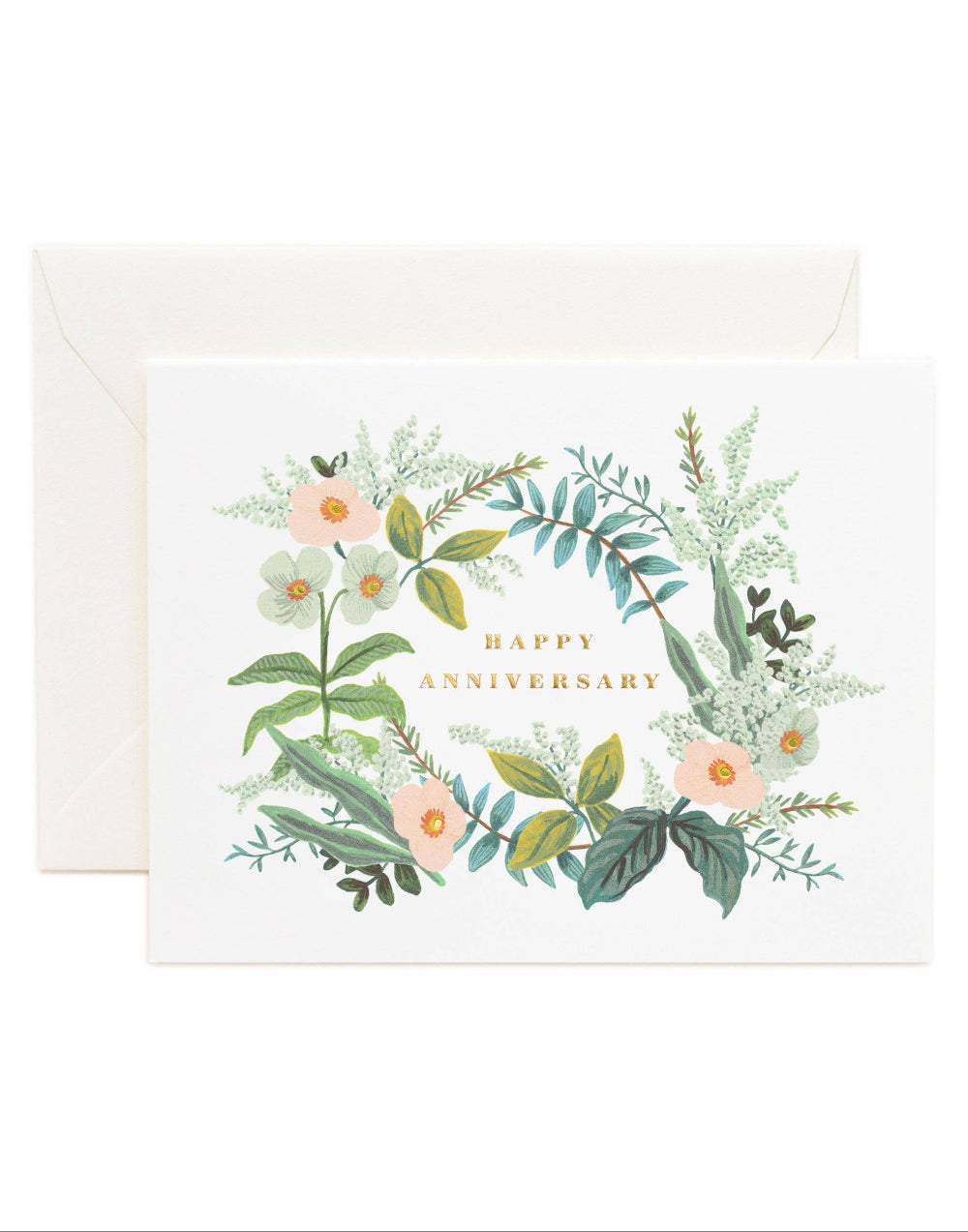 Greeting card with floral design and 'Happy Anniversary' text on a white background