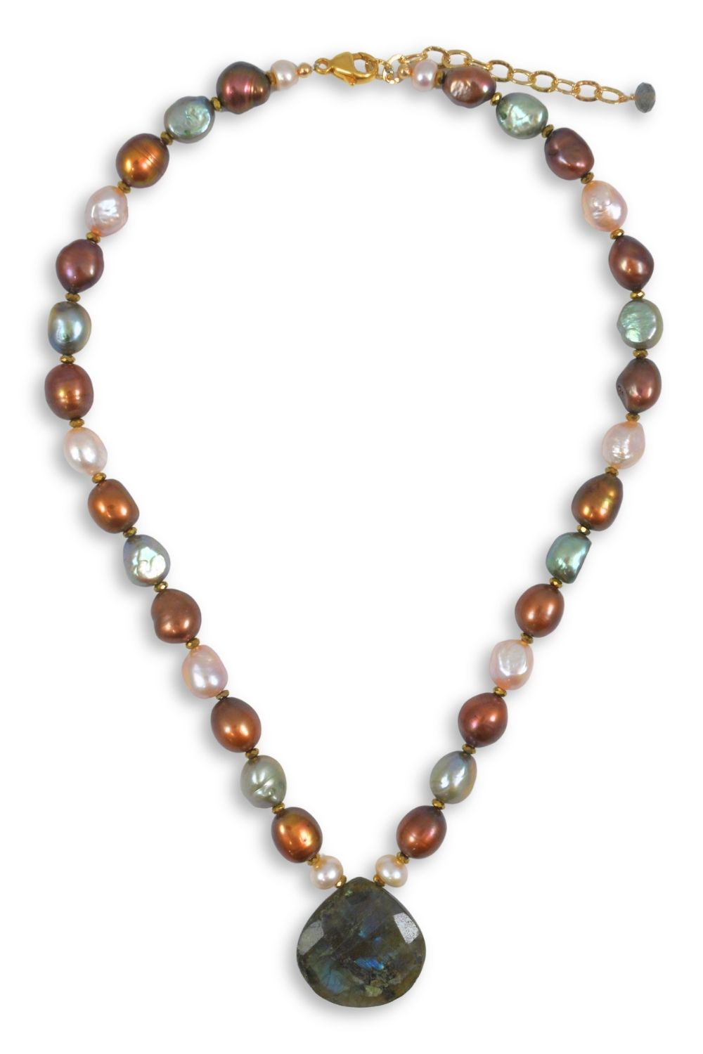 A beaded necklace featuring a mix of iridescent baroque pearls in bronze, pink, and green, accented with small gold spacer beads and a large teardrop-shaped iridescent labradorite pendant at the bottom.