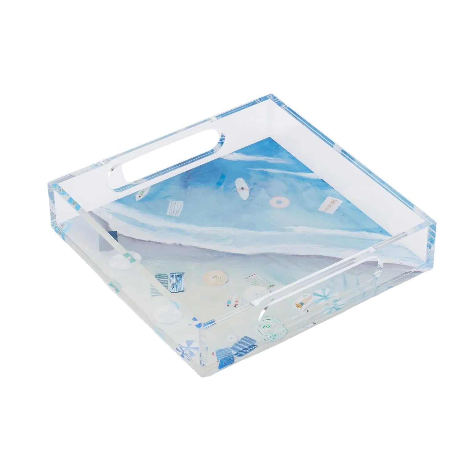 Clear acrylic tray with beach interior on a white background