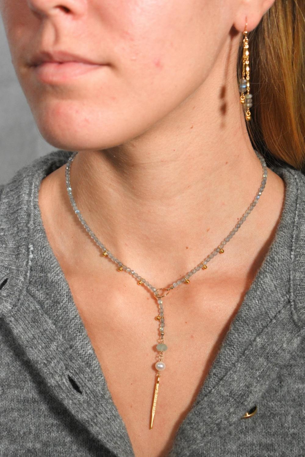 Beaded Bar Earrings in Labradorite