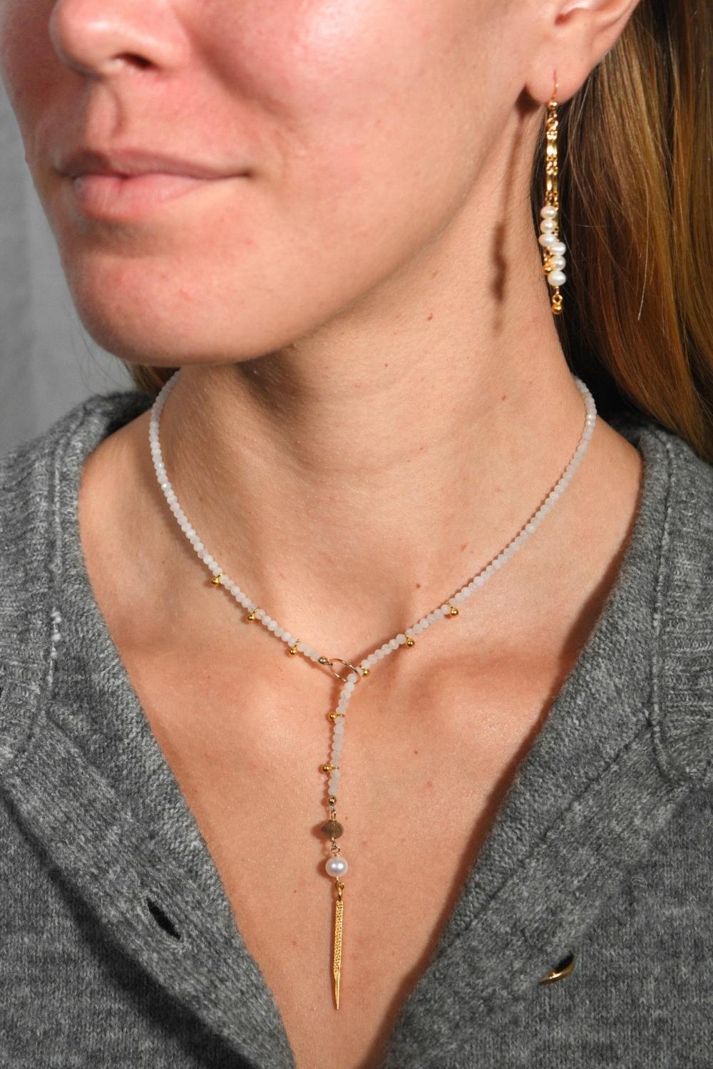 Beaded Bar Earrings in Pearl