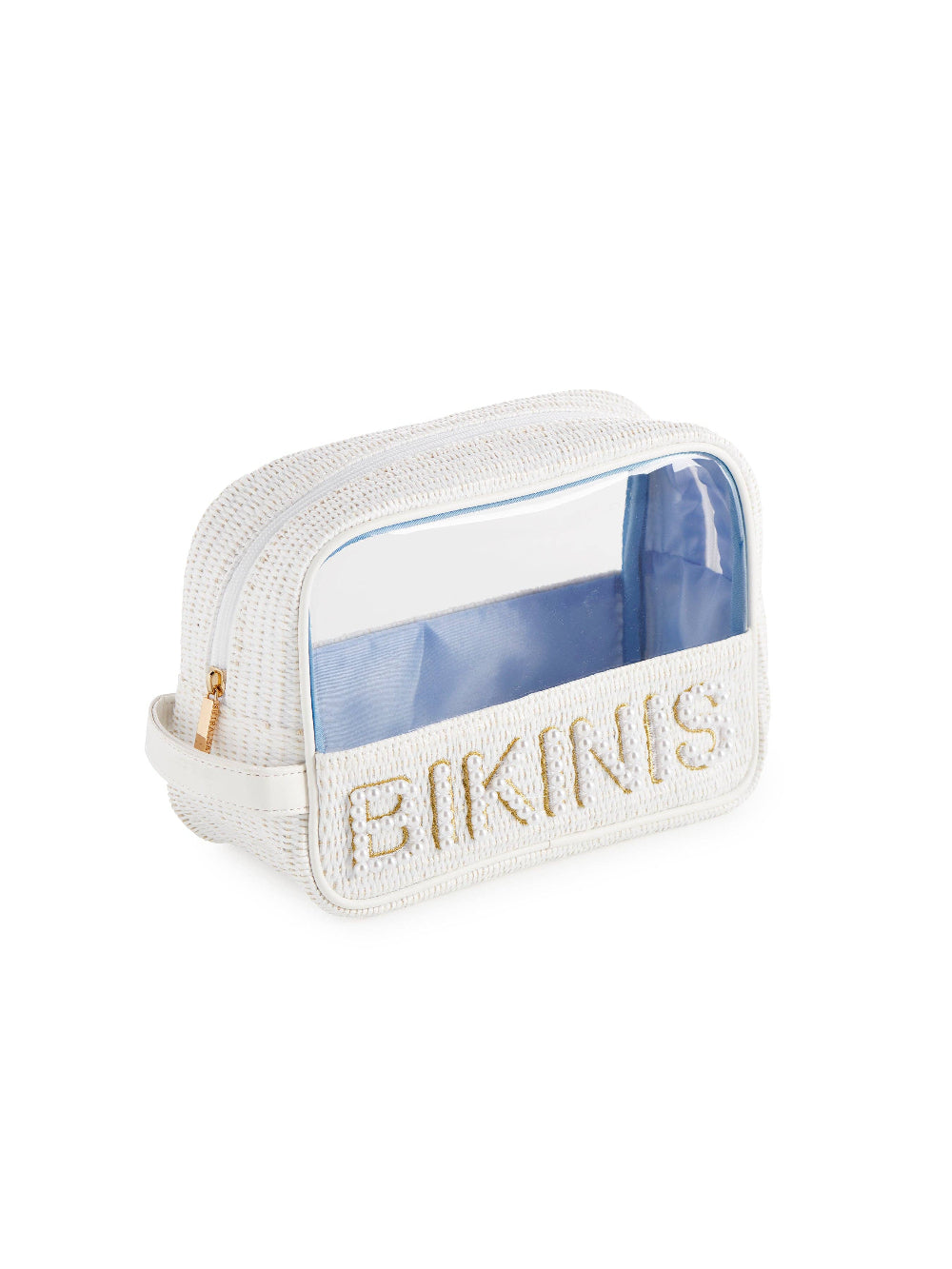 White mesh beach bag with 'BIKINIS' text on a white background