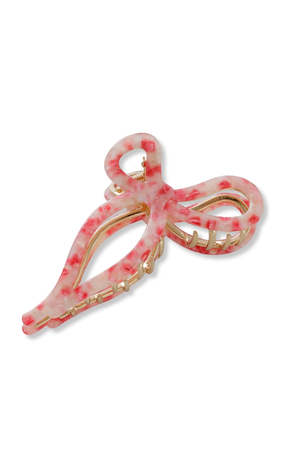 A hair claw clip with a pink and white marbled pattern and gold-tone metal hardware, shown on a plain white background.