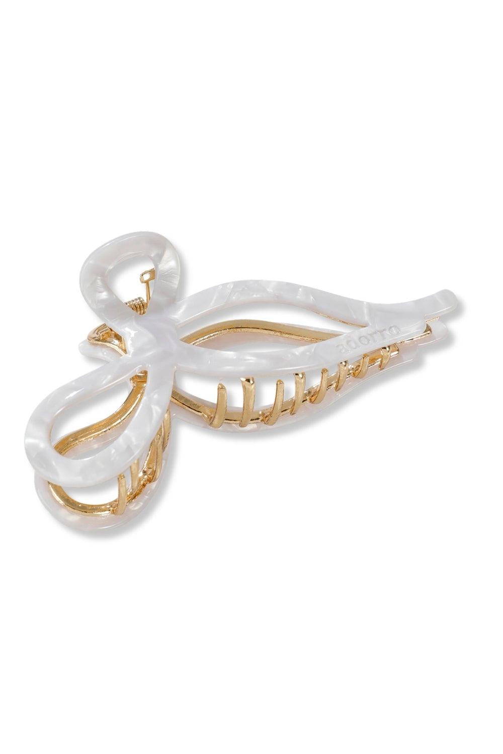 A white translucent resin claw hair clip with gold-tone metal wire detailing along the inner teeth, shown on a plain white background.