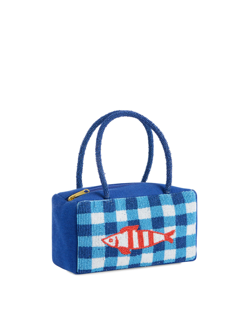 blue beaded bag with orange fish motif