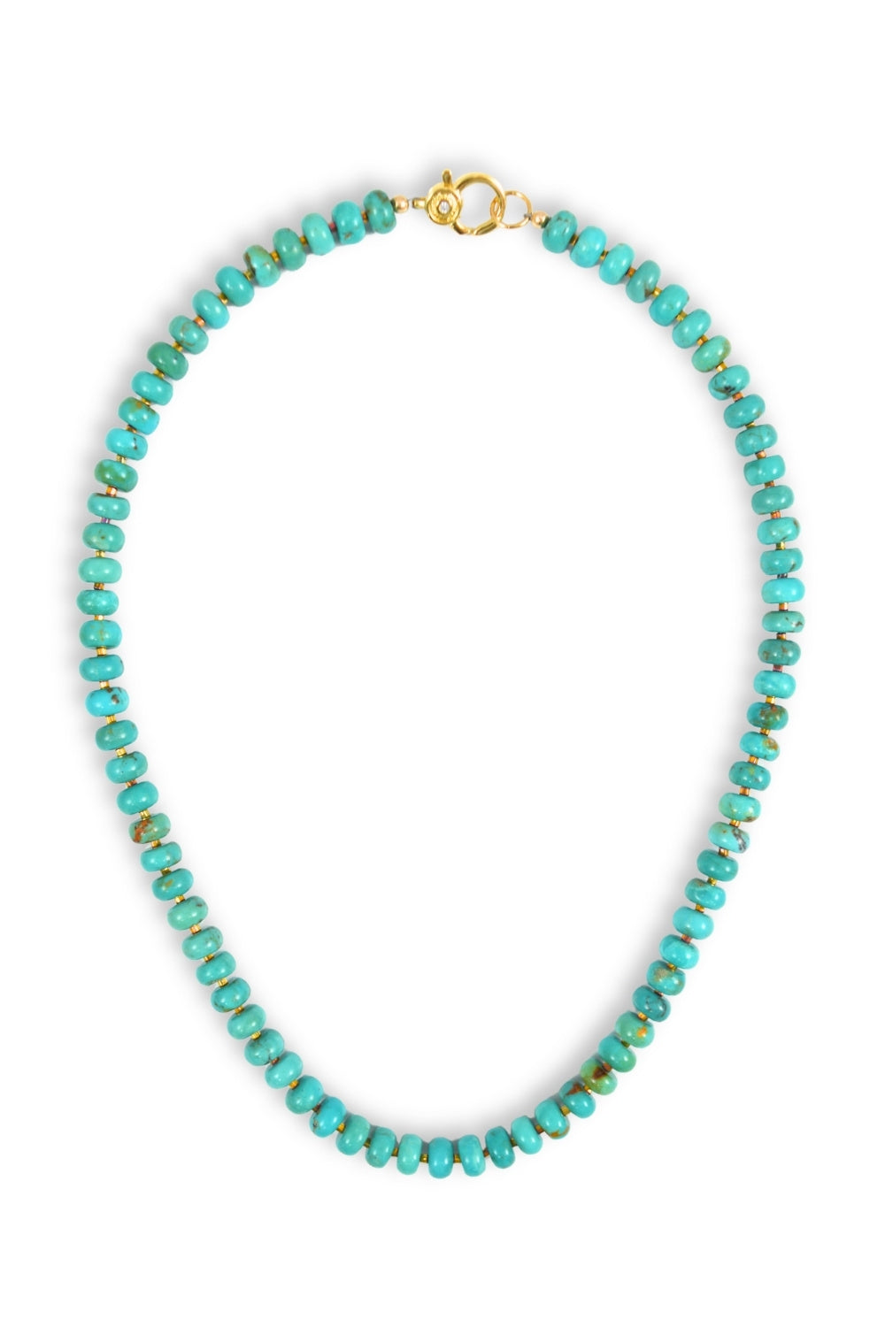 Turquoise beaded necklace with a gold clasp on a white background
