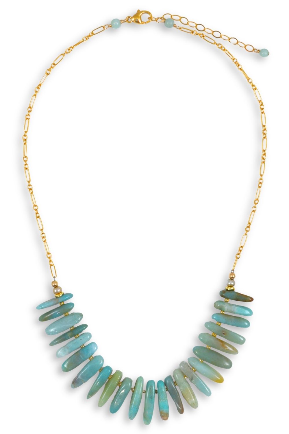 A gold chain necklace featuring a bib-style arrangement of flat, irregular turquoise-blue and green stone chips, shown on a plain white background.