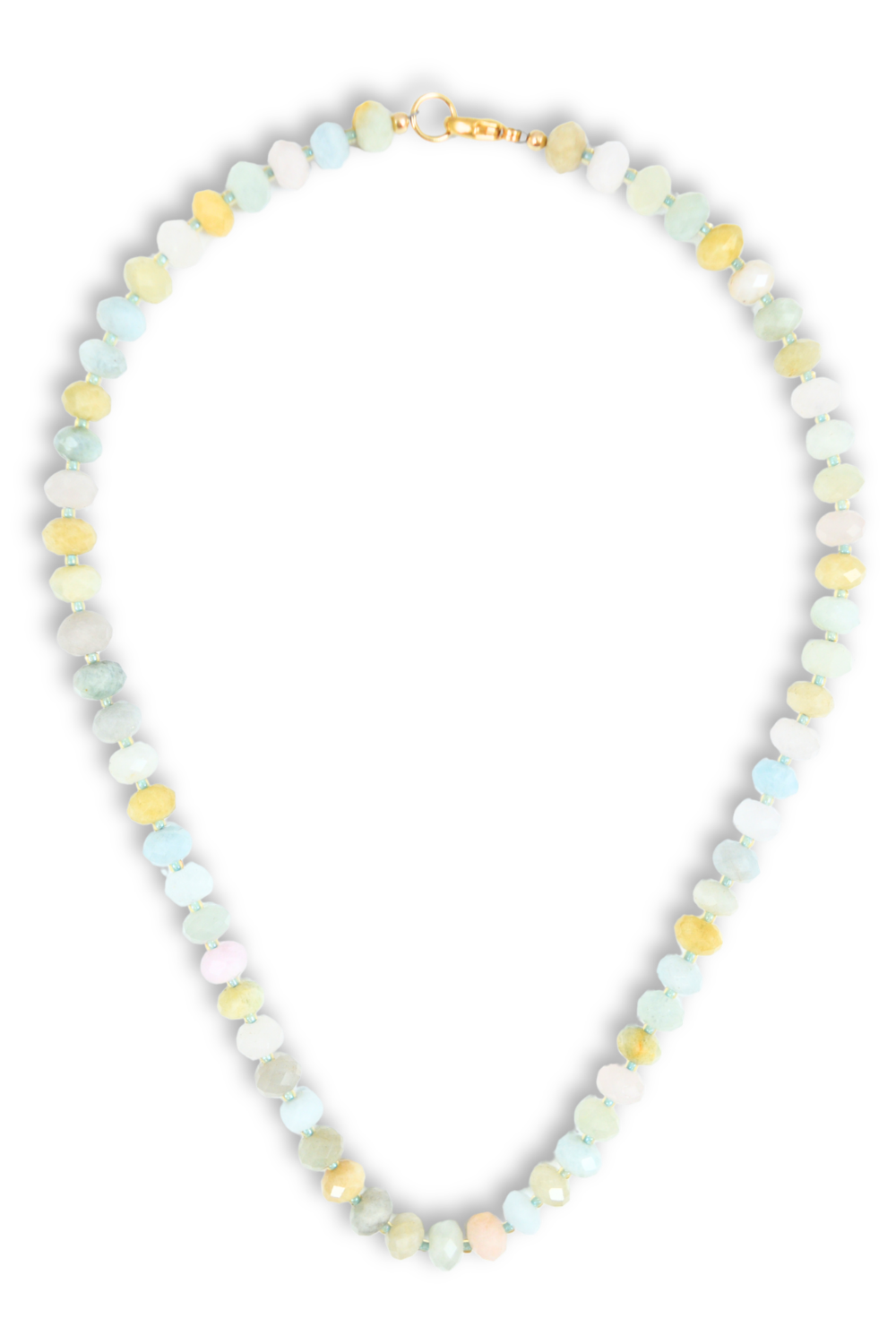 A pastel beaded necklace made of round, soft-colored stones in pale blue, mint green, yellow, and white, with a small gold clasp at the top, shown on a plain white background.