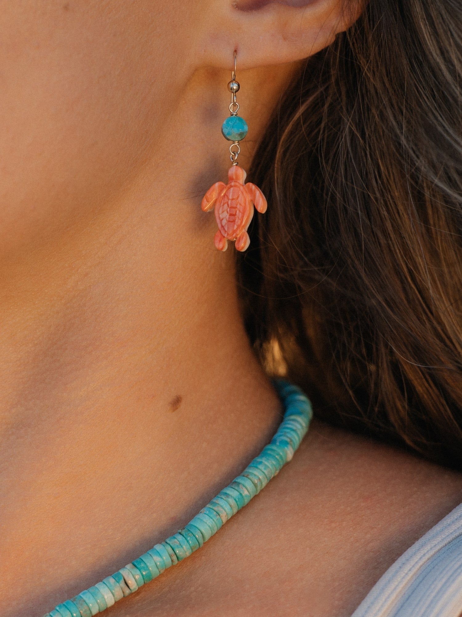 Caretta Turtle Earrings in Orange Spiny Oyster and Turquoise