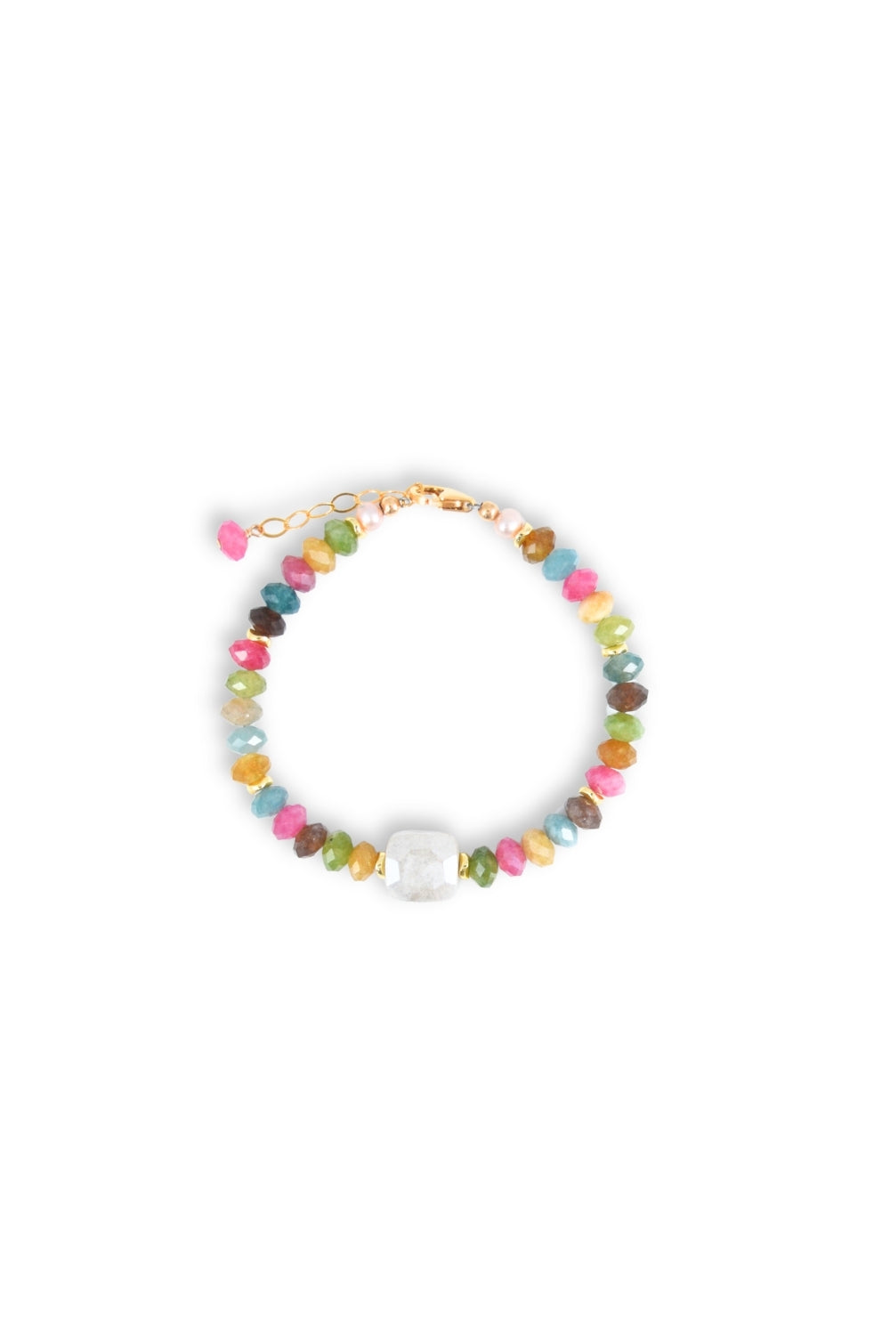 Colorful beaded bracelet with a white clasp on a white background
