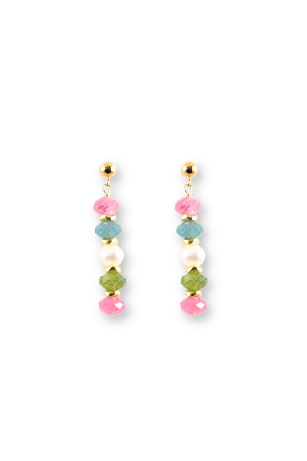Pair of earrings with colorful beads on a white background