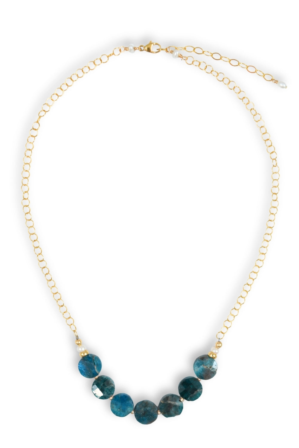 A gold chain necklace featuring a row of faceted dark blue-green beads at the center, displayed on a clean white background.