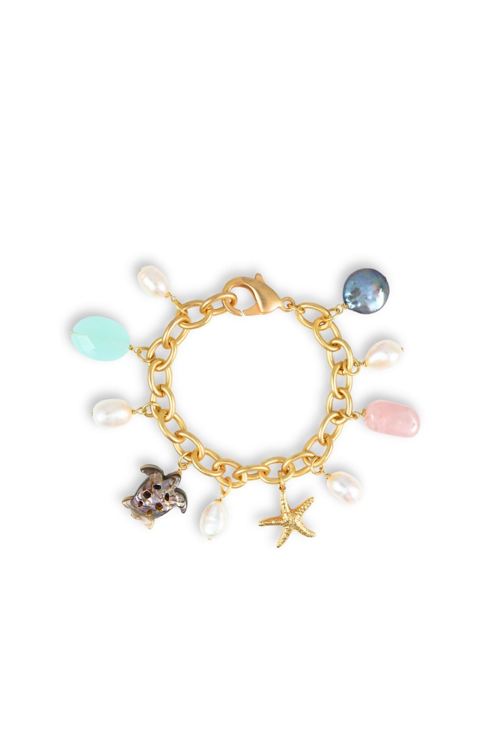 Gold bracelet with various charms on a white background