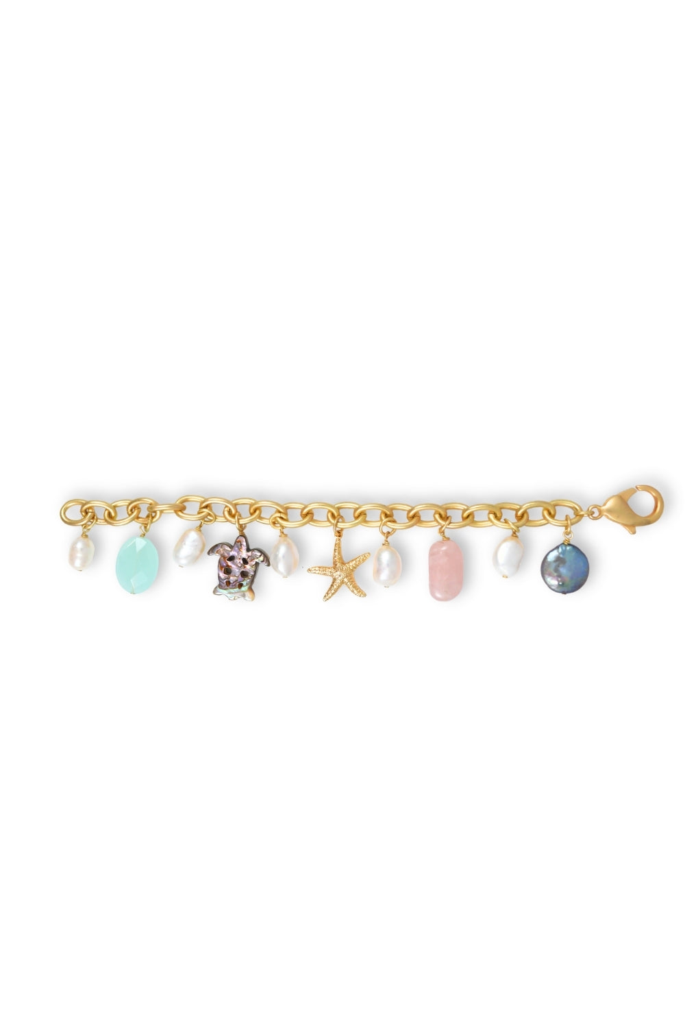 Gold charm bracelet with various charms on a white background