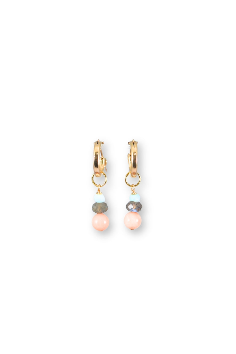 Pair of gold hoop earrings with pink and gray beads on a white background