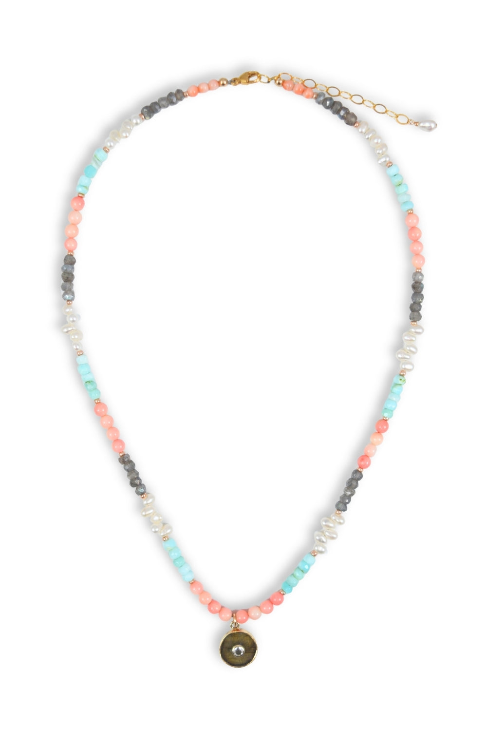 Necklace with multicolored beads on a white background