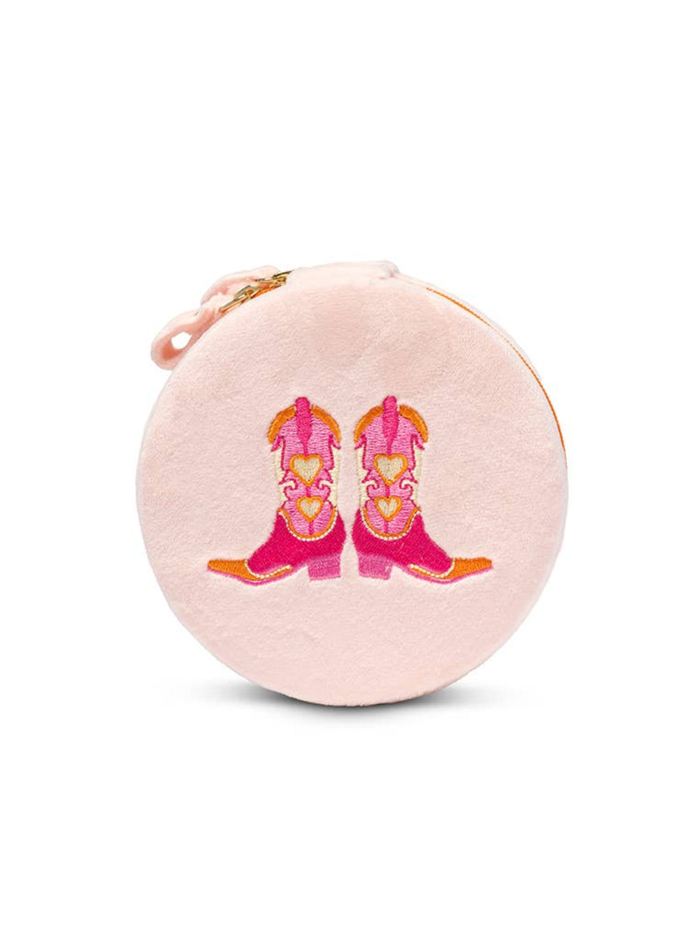 Pink jewelry organizer with embroidered pink cowboy boots on a white background