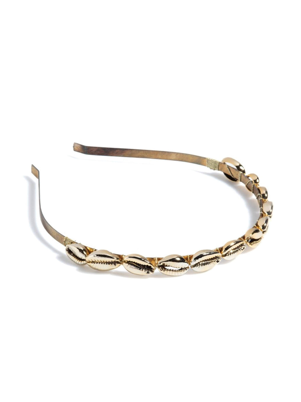 Gold cowrie shell headband on a white background