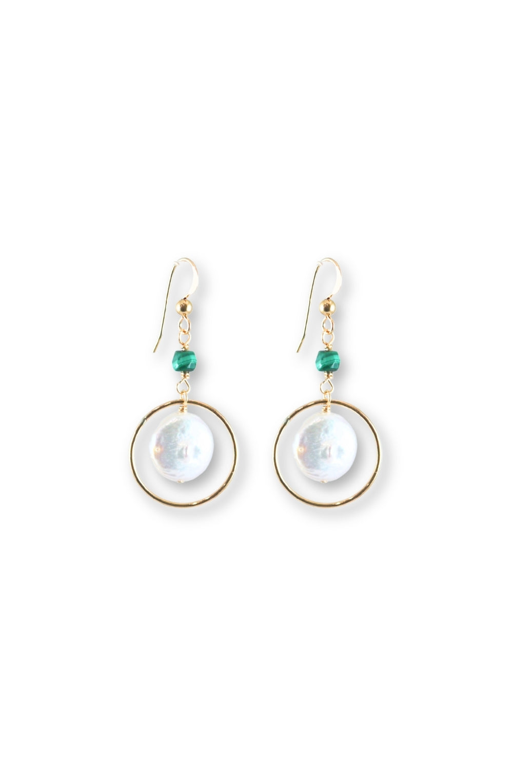 A pair of gold-tone drop earrings featuring a small round green bead, a larger open circular gold hoop, and a central white iridescent shell bead, shown on a plain white background.