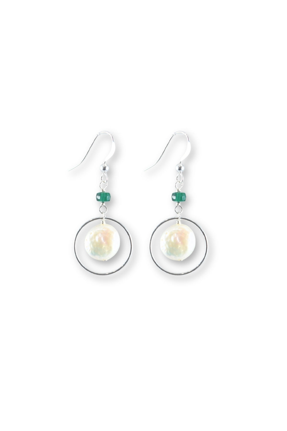 A pair of silver drop earrings featuring a circular silver frame, a small green bead, and a baroque pearl with an iridescent white and pink sheen, set against a plain white background.