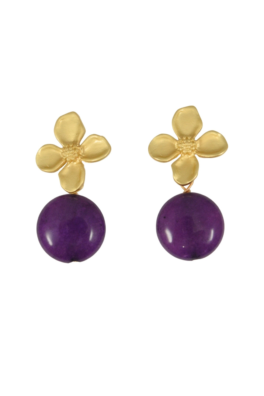 Gold enamel dogwood flower-shaped earrings with purple jade beads on a white background