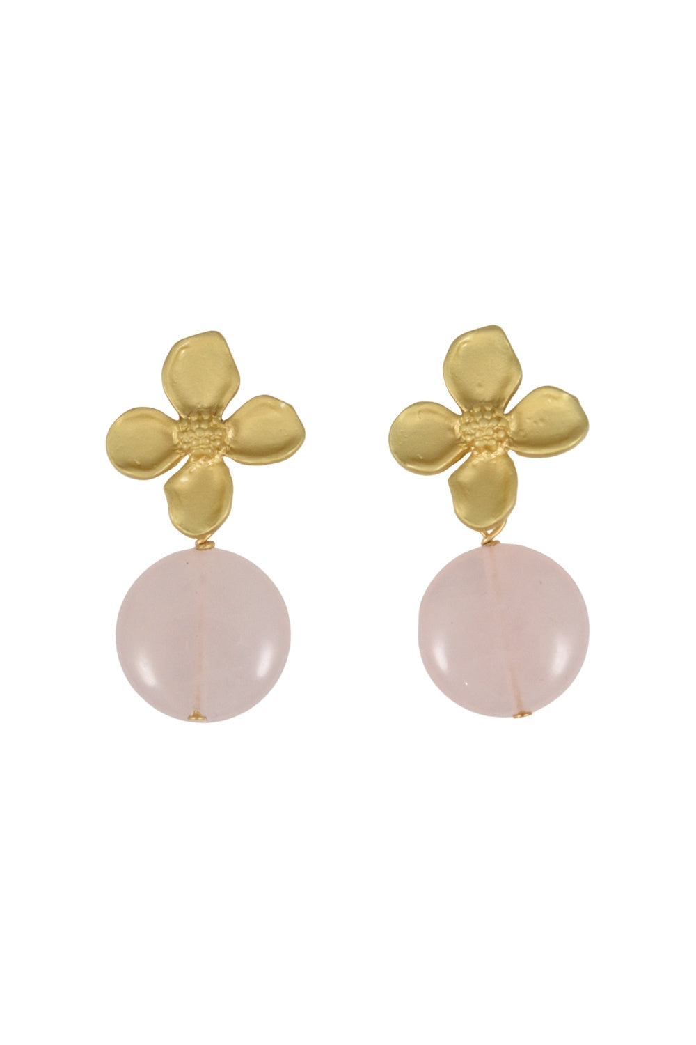 Gold plated flower-shaped earrings with pink round stones on a white background
