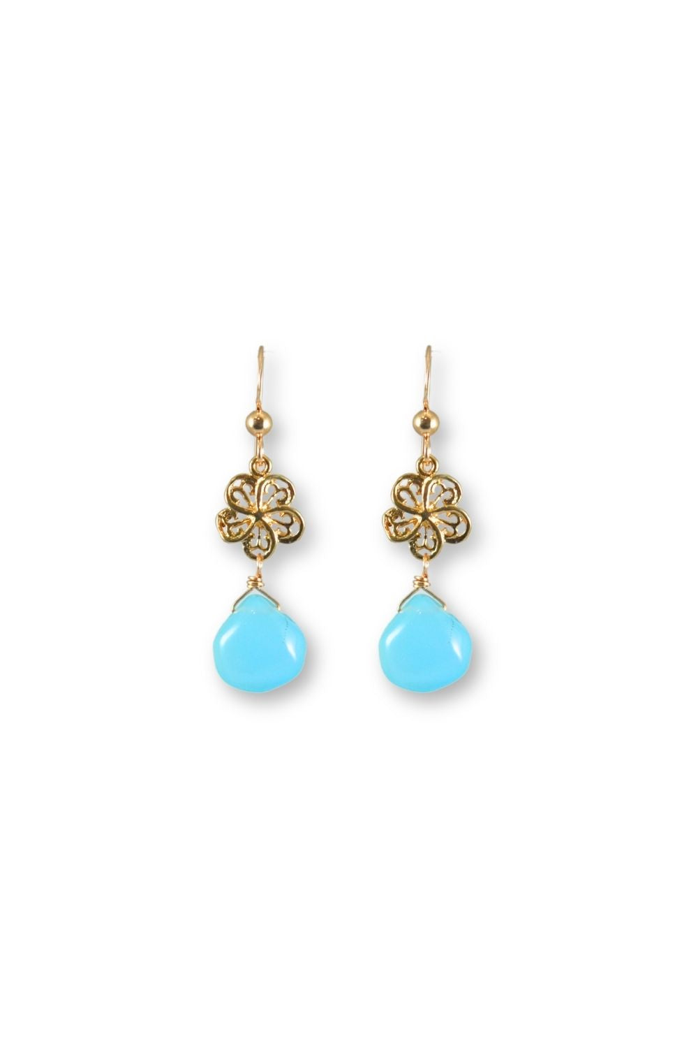 A pair of gold drop earrings featuring a small floral filigree charm with tiny clear stones and a teardrop-shaped light blue stone dangle, shown on a plain white background.