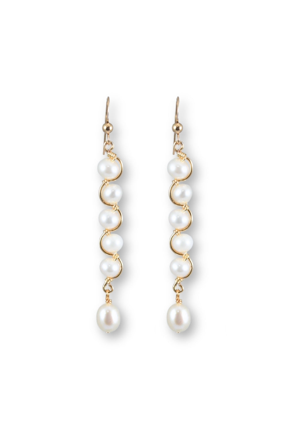 A pair of gold drop earrings featuring a vertical wavy chain of five white freshwater pearls, suspended from gold French hook ear wires, shown against a plain white background.