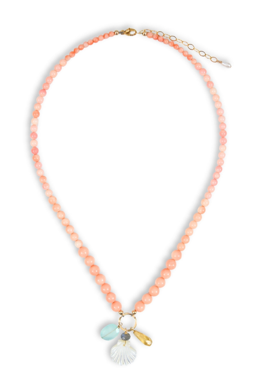 Necklace with pink beads and colorful charms on a white background