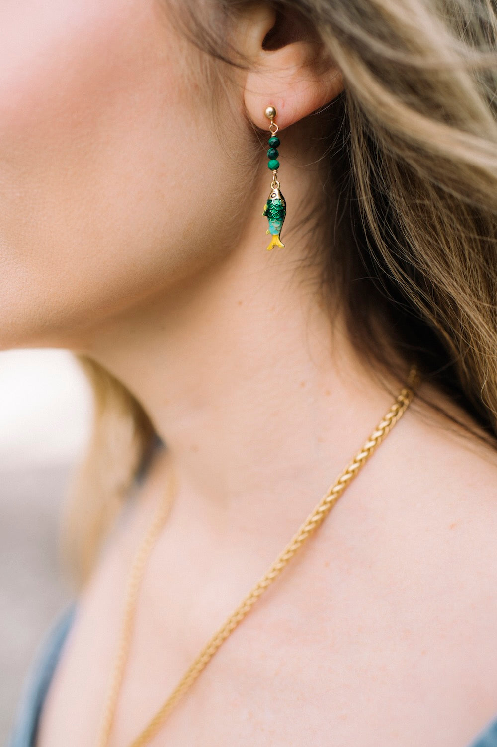 Painted Fish Earrings in Malachite