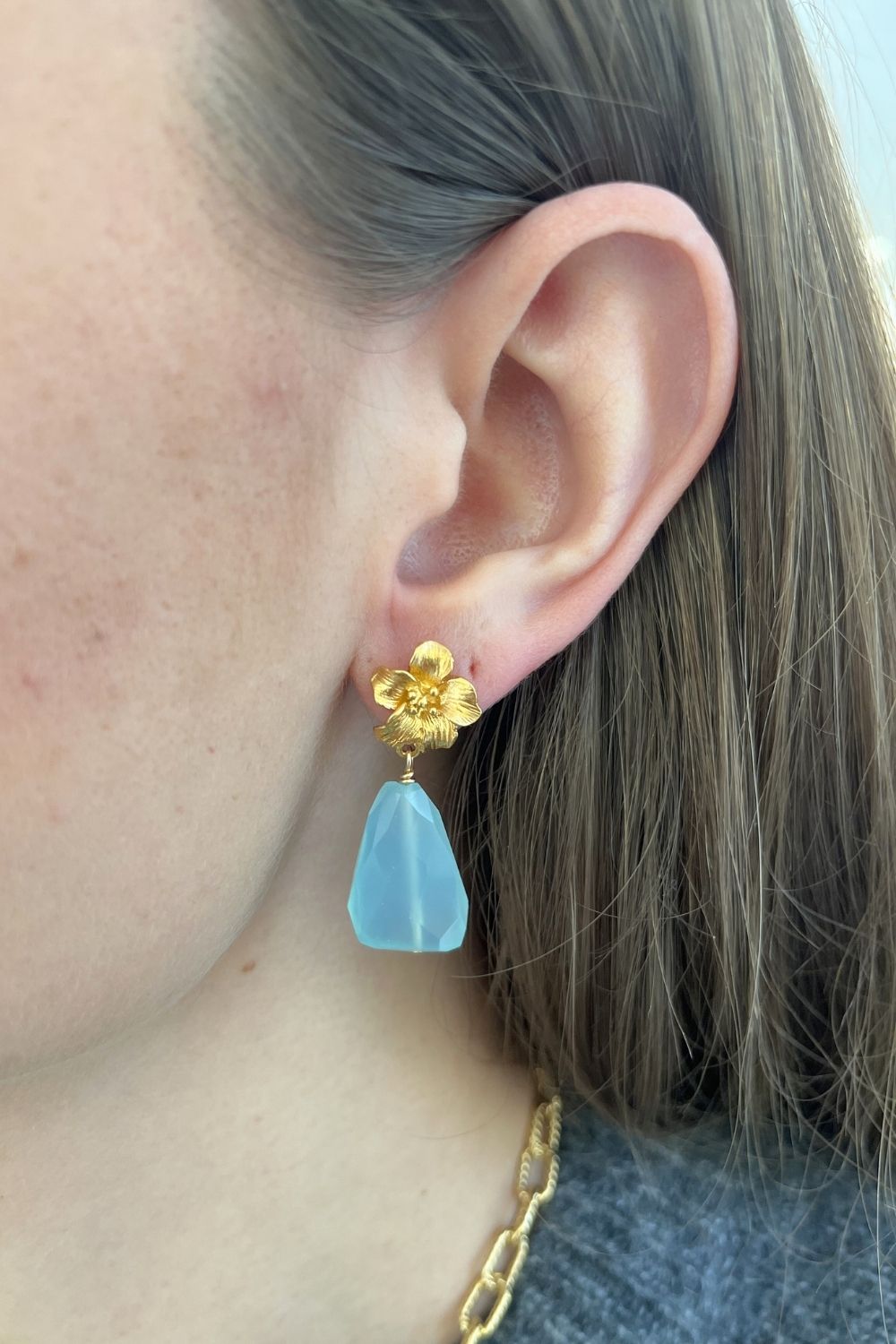 Hibiscus Earrings in Blue Chalcedony