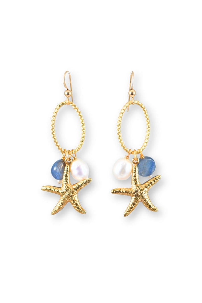 Gold starfish earrings with pearls and blue beads on a white background