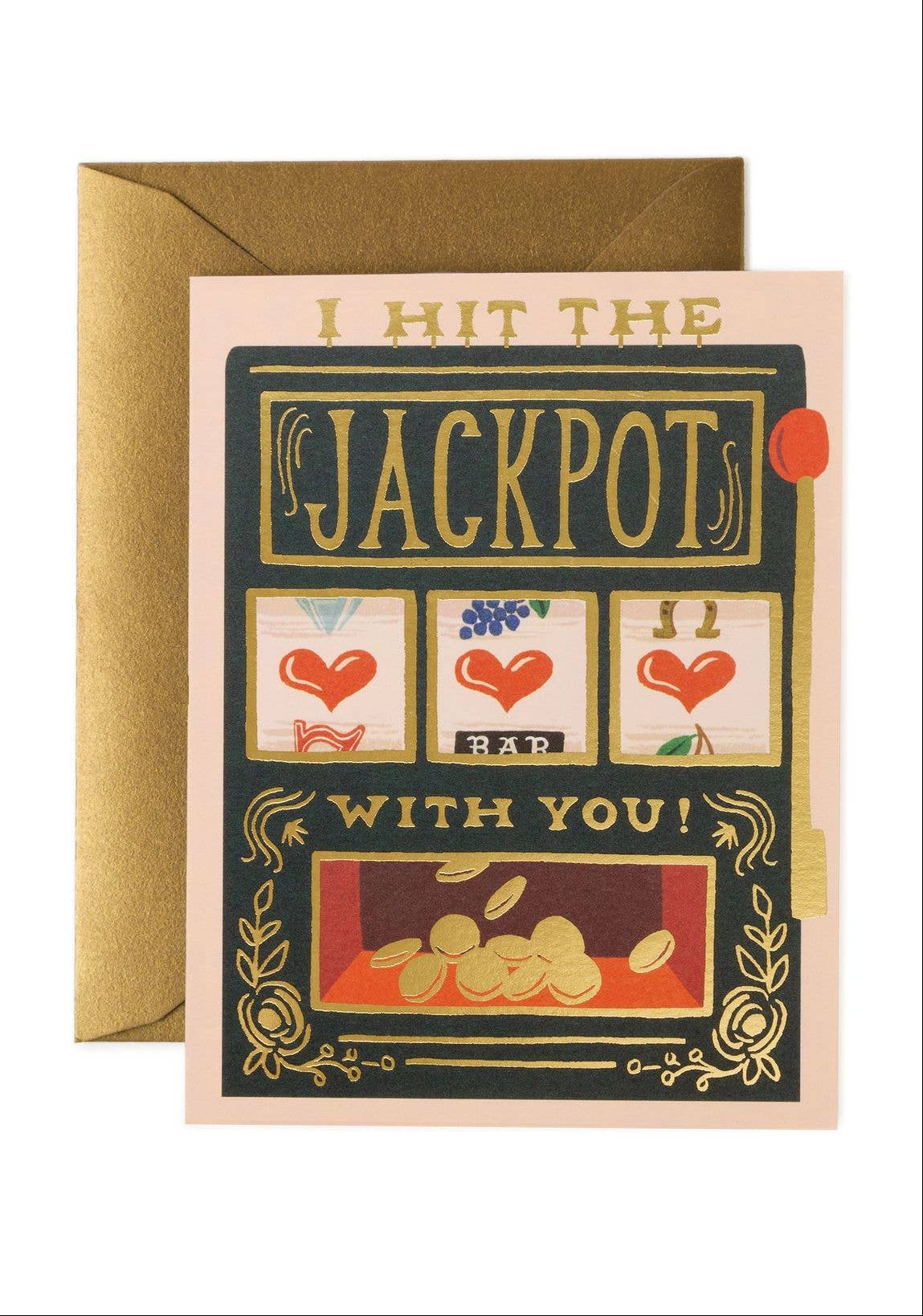 Greeting card with slot machine design and text 'I hit the jackpot with you!' on a white background.