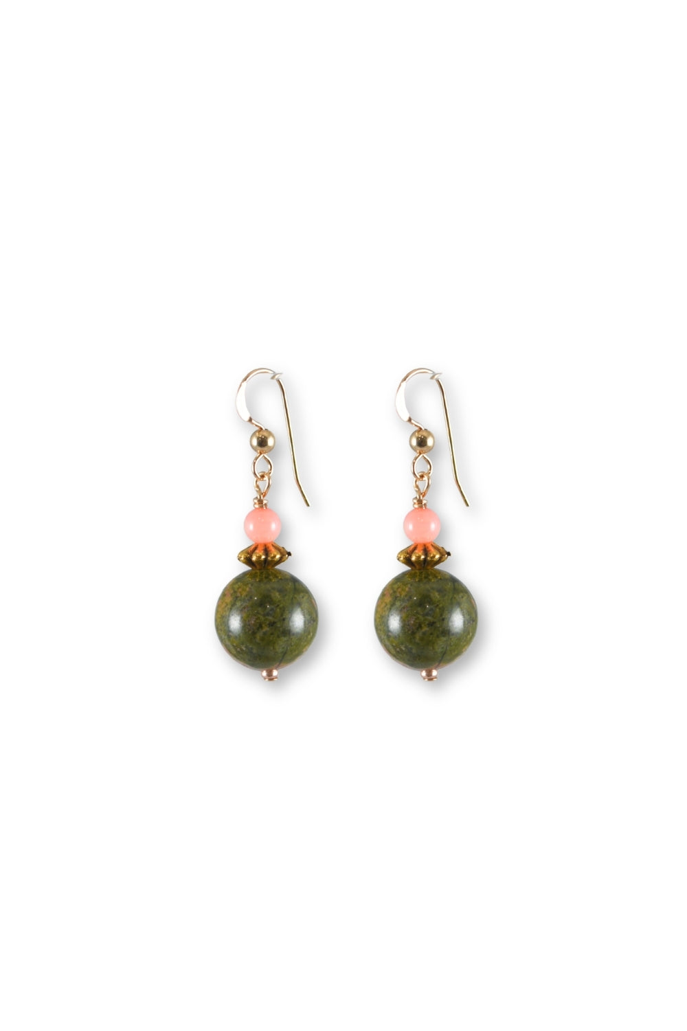 A pair of drop earrings featuring round green stone beads, small peach-pink beads, and gold-toned hooks, shown on a plain white background.