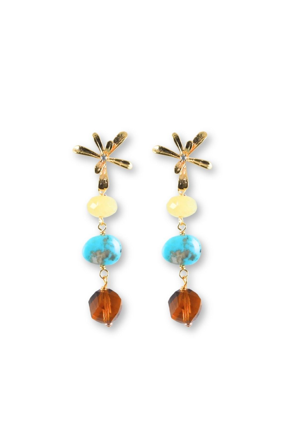 A pair of gold dangle earrings featuring a flower motif at the top, a small pale yellow bead, a round turquoise-blue bead, and a faceted amber-brown bead at the bottom, shown on a plain white background.