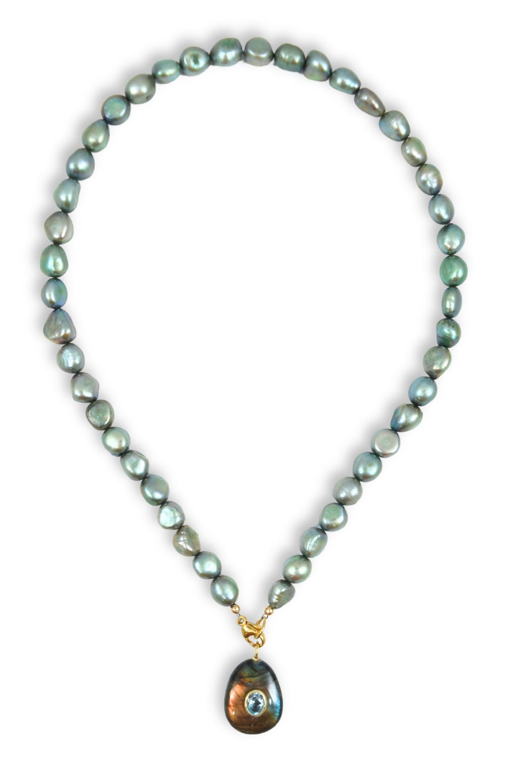 A beaded necklace made of iridescent gray-green baroque pearls with a teardrop-shaped iridescent pendant featuring a gold-tone border and a blue eye motif, shown on a plain white background.