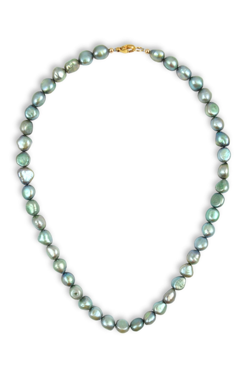 A strand of baroque pearls in a muted green-gray hue with a small gold clasp, displayed on a clean white background.