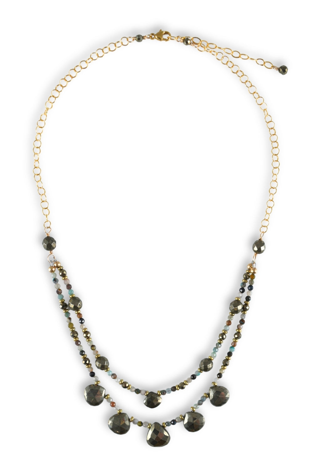 A double-strand statement necklace featuring dark gray teardrop-shaped beads and small metallic gold chain links and spacer beads, displayed on a clean white background.