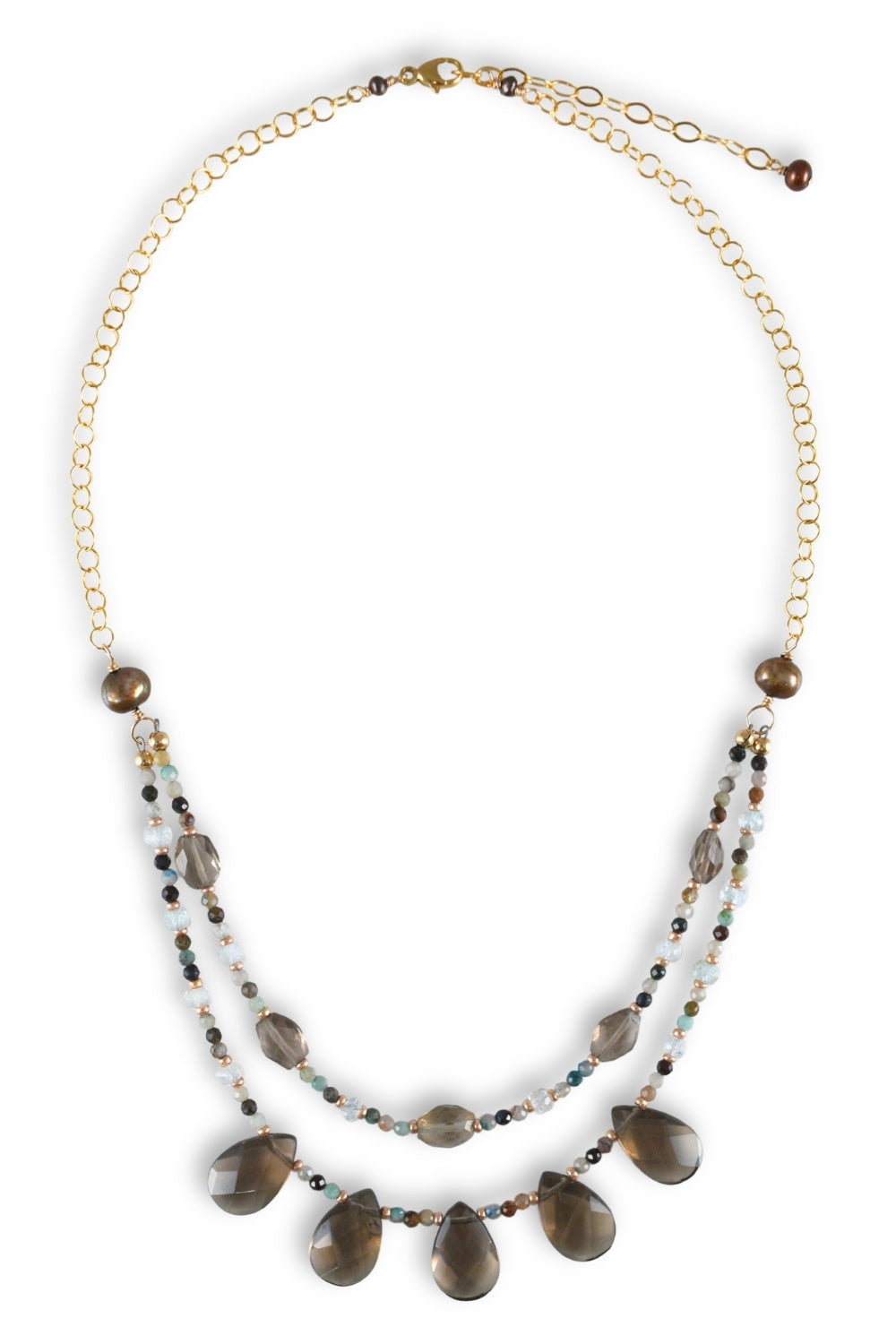 A double-strand statement necklace featuring a gold-tone chain and layered strands of faceted brown beads and teardrop-shaped smoky brown stones, displayed on a clean white background.