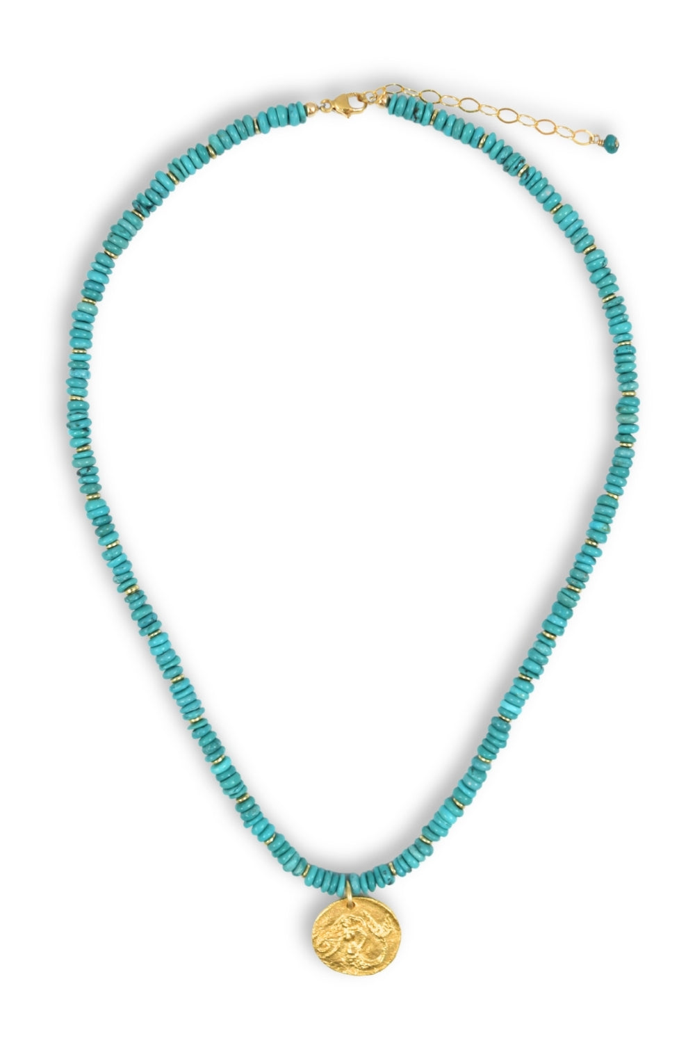 A turquoise beaded necklace with a gold coin pendant and gold clasp, displayed on a clean white background.