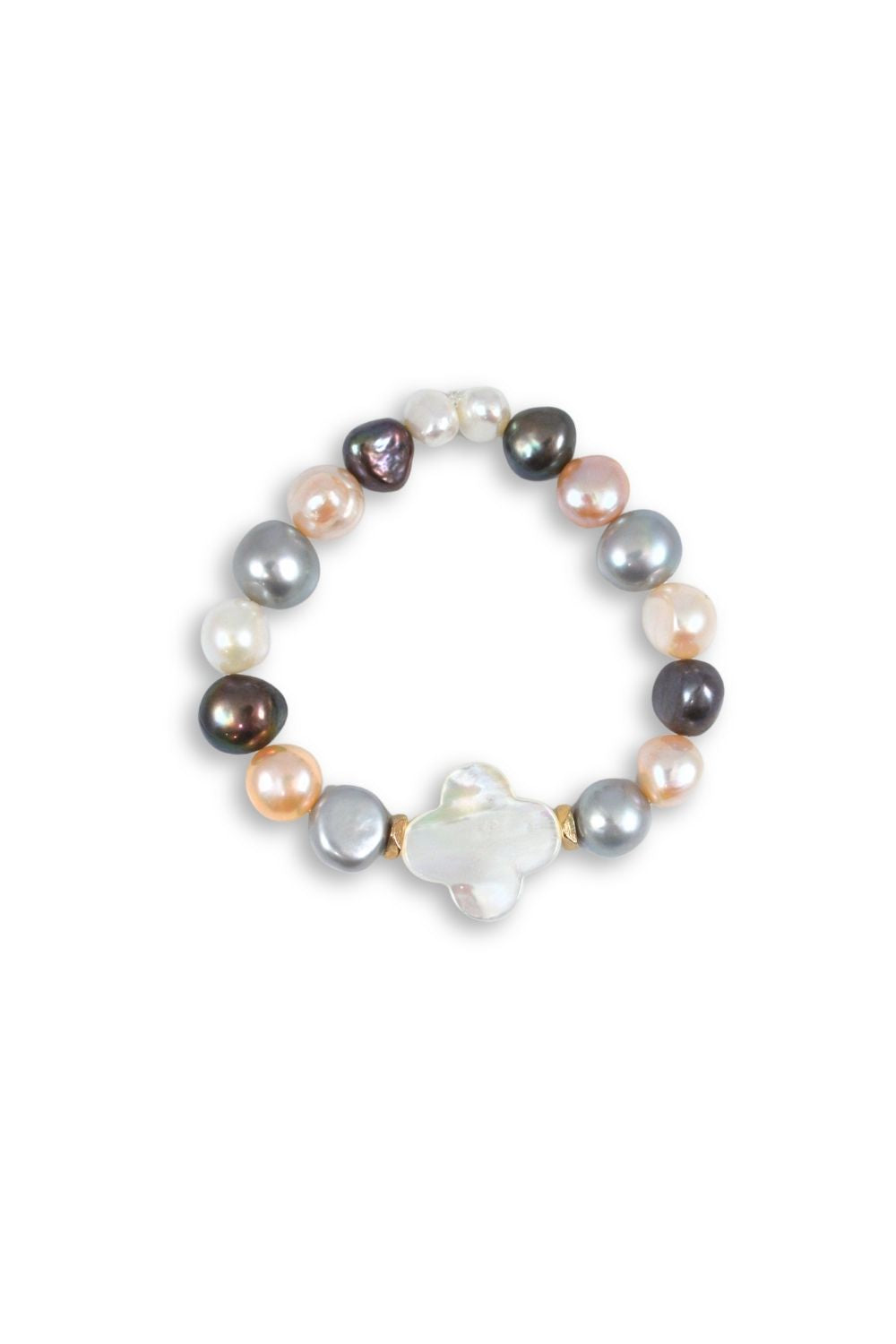 A beaded stretch bracelet featuring a mix of baroque pearls in white, gray, peach, and dark brown, accented by a white mother-of-pearl clover charm and small gold spacer beads, shown on a plain white background.