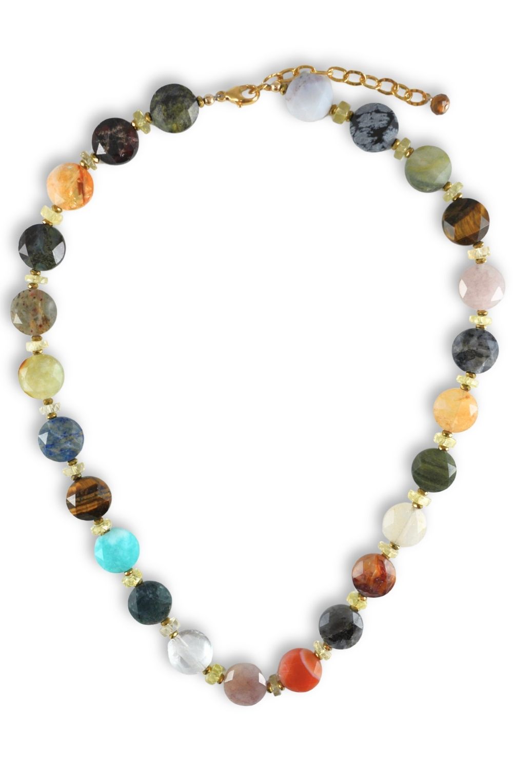 A multi-colored gemstone beaded necklace with gold spacer beads and a gold chain clasp, displayed on a clean white background.