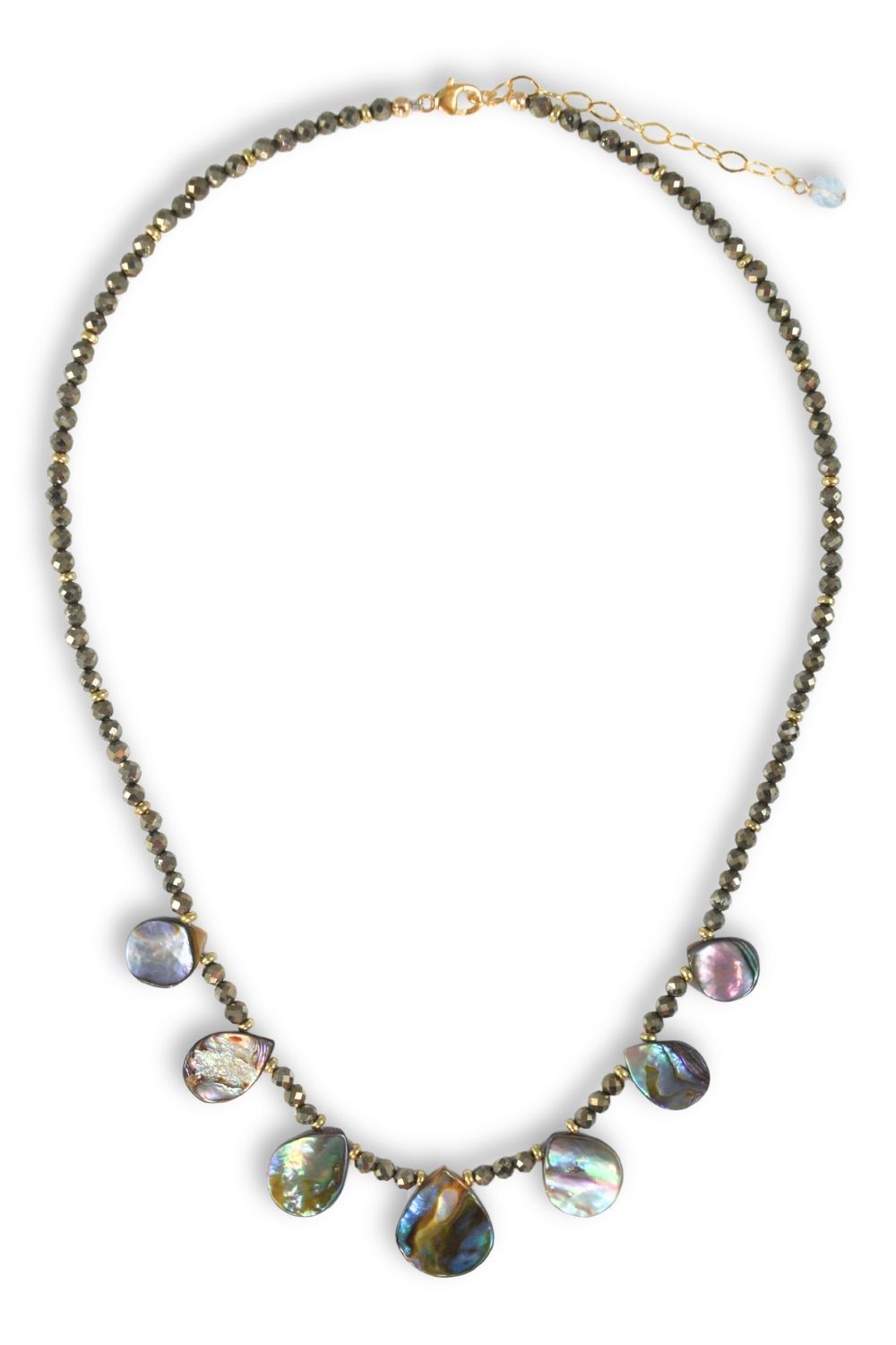 A beaded necklace featuring small metallic beads and five large, teardrop-shaped iridescent abalone shell pendants, displayed on a clean white background.