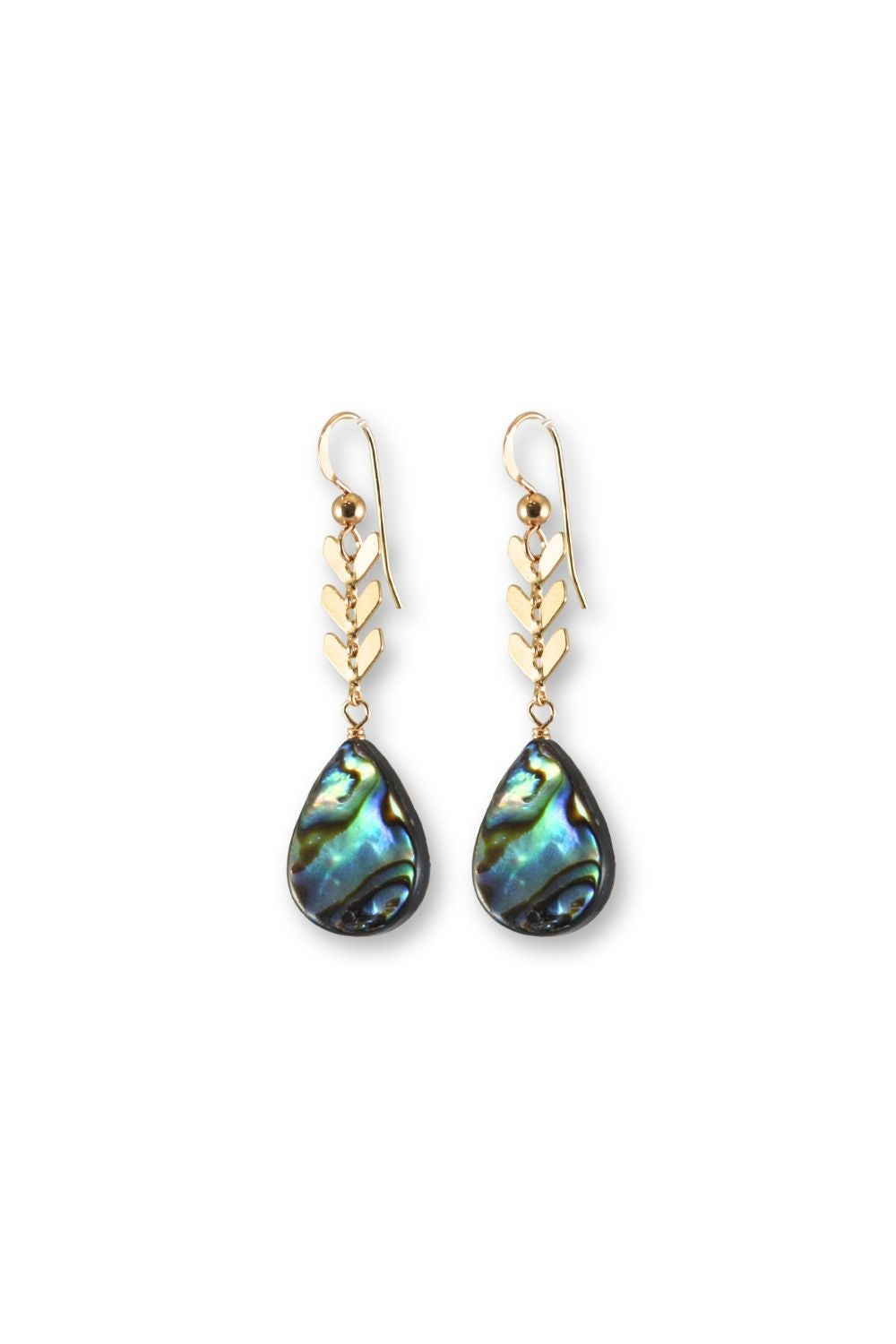 A pair of gold drop earrings featuring a textured leaf cluster above teardrop-shaped abalone shell pendants, shown on a plain white background.
