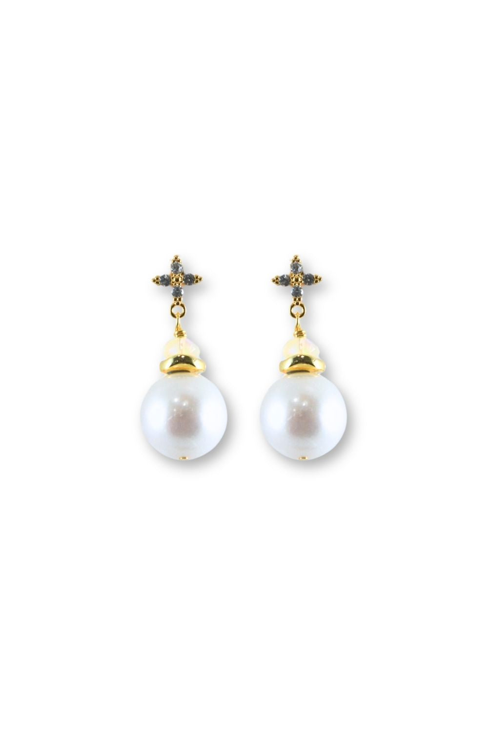 A pair of gold and pearl drop earrings with small diamond-encrusted cross studs, shown on a plain white background.