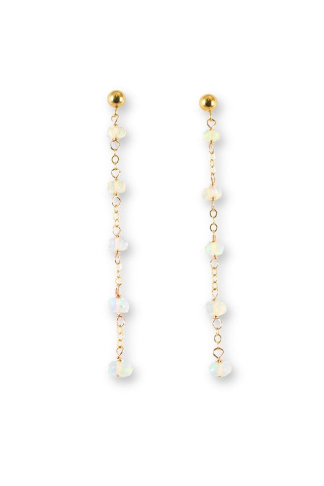 Pair of gold and pearl drop earrings on a white background